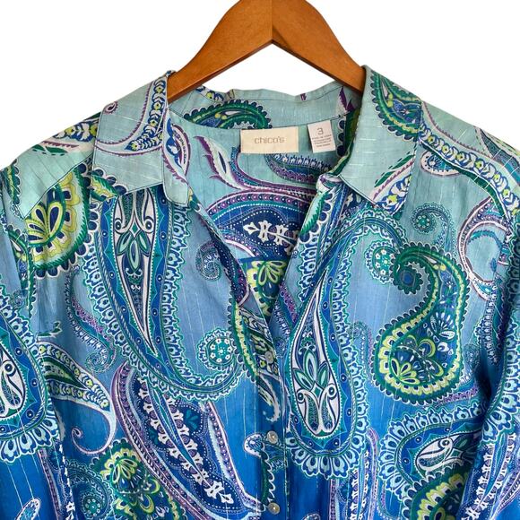 Chico's Blue Green Silver Metallic Paisley Button Up Shirt Sz 16 Casual Career - Picture 3 of 8